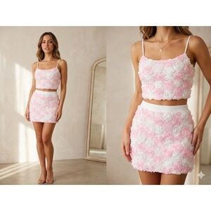 NWT Windsor Pink White 3D Rosette 2 Piece Set XL Crop Top Mini Skirt Coquette